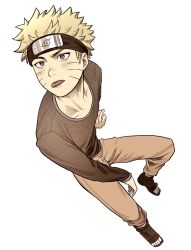  1boy black_shoes facial_mark fishnet_top fishnets from_above full_body headband highres light_blush long_sleeves male_focus naruto_(series) orange_pants pants sandals shoes short_hair solo spiked_hair tongue tongue_out trano_613 uzumaki_naruto whisker_markings white_background 