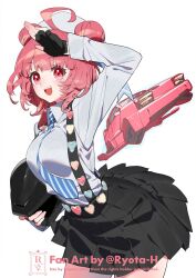  1girl ahoge artist_name black_gloves black_skirt blush breasts car double_bun fingerless_gloves gloves grey_shirt hair_bun hat highres long_sleeves motor_vehicle necktie open_mouth pink_eyes pink_hair ryota-h shirt skirt solo teeth upper_teeth_only virtual_youtuber vspo! white_background yumeno_akari  rating:Sensitive score:1 user:dbdbqpqp