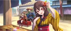  1boy 2girls :d :t architecture arm_up armor asymmetrical_legwear bandaged_leg bandages black_thighhighs blue_kimono blue_sky braid bridge brown_hair chewing closed_eyes comb crown_braid day dot_nose double-parted_bangs east_asian_architecture eating eyepatch flower food game_cg green_eyes hair_flower hair_ornament hairpin hand_on_own_chest hands_up head_tilt highres japanese_armor japanese_clothes katana kimono kono_subarashii_sekai_ni_shukufuku_wo! konosuba!_fantastic_days kote kurokote looking_at_viewer megumin mismatched_legwear multiple_girls obi official_art open-toe_shoes open_mouth outdoors pinstripe_kimono pinstripe_pattern red_eyes red_flower red_kimono red_shoes sandogasa sarashi sash satou_kazuma sheath sheathed shoes single_thighhigh sitting sky smile sparkle sushi sword thighhighs third-party_source town weapon white_flower wooden_bridge yellow_kimono yunyun_(konosuba) 