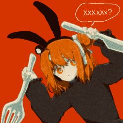  1girl a.i._voice aara_utau adachi_rei alternate_hairstyle animal_ears black_shirt closed_mouth expressionless fake_animal_ears fork hair_bun hair_ribbon hairband hands_up holding holding_fork holding_knife knife long_sleeves looking_at_viewer loveit_(vocaloid) orange_eyes orange_hair oversized_object rabbit_ears red_background ribbon shirt short_hair solo speech_bubble upper_body utau 
