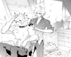  2boys animal_ears claws closed_mouth colored_tips commentary_request cutting_hair furry furry_male greyscale_with_colored_eyes heterochromia holding holding_scissors hugo_vlad korean_commentary male_focus multicolored_hair multiple_boys open_mouth partially_colored pointy_ears red_eyes scissors sitting smile starpeace_co topless_male von_lycaon wolf_boy wolf_ears zenless_zone_zero 