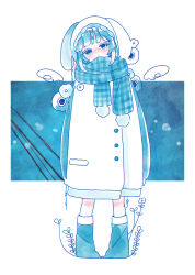 1girl absurdres animal_hat blue_theme blush boots closed_mouth coat dot_nose full_body hat highres knee_blush long_sleeves looking_at_viewer medium_hair monochrome original scarf solo sskitaco standing wispy_bangs 