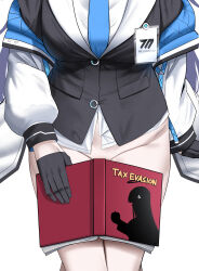  1girl arm_support bad_apple!! black_gloves black_shirt black_skirt blue_archive blue_necktie book bottomless cliov from_above gloves highres invisible_chair jacket long_hair long_sleeves necktie no_pants open_book open_clothes open_jacket puffy_long_sleeves puffy_sleeves rio_(blue_archive) shirt simple_background sitting skirt solo thighs white_background white_jacket white_shirt yuuka_(blue_archive) 