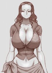  1girl absurdres black_hair breasts cleavage closed_mouth collarbone cropped_jacket eyewear_on_head floral_print highres jacket large_breasts long_hair looking_at_viewer mature_female midriff monochrome navel nico_robin nico_robin_(return_to_sabaody) one_piece sarong shirt short-sleeved_jacket short_sleeves simmsy sketch smile solo sunglasses zipper zipper_pull_tab  rating:Sensitive score:35 user:danbooru