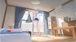  1girl absurdres air_conditioner ass azur_lane barefoot bed blue_shorts breasts cellphone_charm charm_(object) clothes_writing curtains day embarrassed feet grey_eyes grey_hair hair_between_eyes hair_on_horn hakuryuu_(azur_lane) hakuryuu_(four_fine_layers)_(azur_lane) highres holding horns indoors lingerie long_hair long_sleeves looking_at_viewer mole mole_on_ass mole_on_thigh multiple_views non-web_source official_alternate_costume official_art outstretched_arms phone_in_pocket pillow see-through_clothes shirt short_shorts short_sleeves shorts soles speech_bubble spoken_squiggle squiggle standing thought_bubble tiptoes twisted_torso underboob underbutt underwear v-shaped_eyebrows white_shirt 
