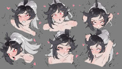  1girl breasts close-up grey_background heiz_illust high_ponytail highres implied_sex indie_virtual_youtuber multicolored_hair multiple_views nand_nodes open_mouth ponytail portrait red_eyes shark_fin shark_girl simple_background solo_focus sweat tongue torogao virtual_youtuber 