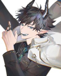  1boy antenna_hair black_hair black_horns black_shirt blue_eyes blue_necktie chromatic_aberration collared_shirt commentary earrings fang gold_trim hand_up highres horns jacket jacket_on_shoulders jewelry kaohom503 lapels looking_at_viewer male_focus multiple_earrings necktie nijisanji nijisanji_en open_mouth pointy_ears ren_zotto ren_zotto_(1st_costume) ring shirt short_hair simple_background smile solo teeth upper_body virtual_youtuber white_background white_jacket wing_collar 