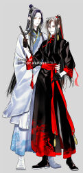  2boys absurdres alternate_costume black_boots black_gloves black_hair boots brown_hair chinese_clothes chinese_knot earrings flute full_body gloves grey_background grey_eyes hair_ribbon hand_on_another&#039;s_waist hand_on_own_hip hanfu headband height_difference high_ponytail highres holding holding_flute holding_instrument instrument jade_(gemstone) jewelry lan_wangji long_hair male_focus modao_zushi multiple_boys ponytail red_ribbon red_sash ribbon sash sidelocks simple_background smile standing tassel tassel_earrings topknot twitter_username very_long_hair watermark wei_wuxian white_boots white_hanfu white_headband xiao_guan_(headdress) yaoi yellow_eyes ykmr_(haga) 