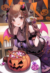  1girl :p bare_shoulders bat_(animal) blush breasts brown_hair candy cleavage closed_mouth collarbone commentary demon_girl demon_horns demon_wings earrings facial_mark fake_horns fake_wings food gloves hair_down halloween holding holding_candy holding_food holding_lollipop horns idolmaster idolmaster_shiny_colors indoors jack-o&#039;-lantern jewelry large_breasts leaning_forward lollipop long_hair necklace night purple_skirt see-through_clothes see-through_gloves skirt smile solo sonoda_chiyoko standing star_(symbol) star_earrings star_facial_mark swirl_lollipop table thighhighs tongue tongue_out tuna_picture window wings 