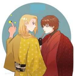  2boys black_gloves black_nails blue_eyes braid brown_eyes cape circle deidara_(naruto) folded_fan folding_fan gloves hand_fan highres holding holding_fan implied_yaoi japanese_clothes kimono light_particles long_hair looking_at_another male_focus miomu4 multiple_boys naruto_(series) naruto_shippuuden official_alternate_costume open_mouth parted_lips red_hair sasori_(naruto) short_hair side_braid simple_background single_braid star_(symbol) star_print watermark yukata 