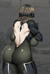  1girl alternate_breast_size armor armored_bodysuit ass ass_focus backboob backless_outfit bodysuit breasts commentary commentary_request cowboy_shot dekapaiyukari goddess_of_victory:_nikke gun highres holding holding_gun holding_weapon huge_ass huge_breasts impossible_bodysuit impossible_clothes long_hair mass-produced_nikke mecha_musume mechanical_arms medium_hair recoil shiny_clothes shoulder_armor shoulder_blades solo visor_(armor) weapon  rating:Questionable score:46 user:POLTATO