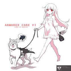  1girl 621_(armored_core_vi) absurdres armored_core armored_core_vi:_fires_of_rubicon ayre_(armored_core_vi) barefoot child dog dress english_text female_focus full_body handler_walter_(armored_core_6) highres leash long_hair personification red_eyes spade standing white_dress white_hair 