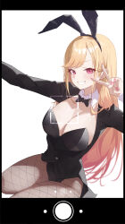  1girl absurdres animal_ear_hairband animal_ears black_bow black_bowtie black_jacket black_leotard blonde_hair blush bow bowtie breasts cleavage detached_collar fake_animal_ears fake_phone_screenshot fake_screenshot female_focus fishnet_pantyhose fishnets grin hairband highres jacket kitagawa_marin leotard long_hair long_sleeves looking_at_viewer nail_polish pantyhose pink_eyes pink_nails playboy_bunny rabbit_ear_hairband rabbit_ears smile solo sono_bisque_doll_wa_koi_wo_suru strapless strapless_leotard sukaliya v viewfinder wrist_cuffs 