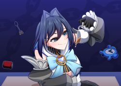  1girl absurdres black_hair blue_background blue_eyes blue_hair breasts closed_mouth clothing_cutout cup detached_sleeves drink grey_sleeves hair_intakes highres holding holding_cup hololive hololive_english kkeulna kronie_(ouro_kronii) large_breasts ouro_kronii ouro_kronii_(1st_costume) shirt smile solo spilling spoon tea teacup underboob_cutout virtual_youtuber white_shirt 