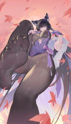  1girl absurdres animal_ear_fluff animal_ears black_hair black_pantyhose bow breasts cat_ears cat_girl cat_tail commentary_request falling_leaves feet foot_focus gloves hair_between_eyes hair_over_eyes highres holding holding_leaf large_breasts leaf long_hair looking_at_viewer nils nipples no_shoes original pantyhose purple_bow purple_eyes pussy see-through_clothes single_glove smile soles solo tail toes very_long_hair white_tail 