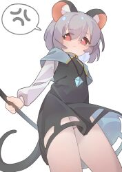  1girl absurdres anger_vein animal_ears black_dress blue_capelet capelet closed_mouth crystal dowsing_rod dress grey_hair gumingdi_ban hair_between_eyes highres holding jewelry long_sleeves looking_at_viewer mouse_ears mouse_girl mouse_tail nazrin necklace panties pendant red_eyes shirt short_hair simple_background solo speech_bubble spoken_anger_vein tail touhou underwear white_background white_panties white_shirt 