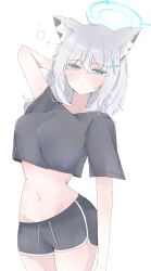  1girl absurdres alternate_costume animal_ear_fluff animal_ears black_shirt black_shorts blue_archive blush closed_mouth cropped_shirt cross_hair_ornament grey_hair hair_between_eyes hair_ornament hand_in_own_hair highres long_hair looking_at_viewer navel nemui_(xjqfw) shiroko_(blue_archive) shirt short_sleeves shorts solo stomach t-shirt wolf_ears wolf_girl 