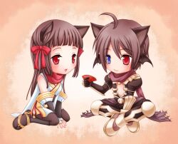  1boy 1girl ahoge alternate_color animal_ears armor armored_boots assassin_cross_(ragnarok_online) black_gloves black_pants black_sandals black_shirt black_thighhighs blue_eyes blunt_bangs blush boots bow brown_background brown_hair cape cat_boy cat_ears cat_girl chibi chibi_only closed_mouth commentary_request cup elbow_gloves full_body gloves grey_cape hair_bow heterochromia hiruankou holding holding_cup indian_style japanese_clothes kimono long_hair looking_at_another ninja ninja_(ragnarok_online) open_mouth pants pauldrons ragnarok_online red_bow red_eyes red_scarf sakazuki sandals scarf shirt short_hair shoulder_armor sitting skull smile tabi thighhighs torn_cape torn_clothes vambraces waist_cape white_kimono 
