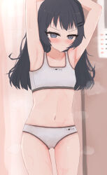  1girl angry animal_print arms_up black_hair blush bra cat_print clothes_writing collarbone crotch_seam curtains embarrassed flat_chest grey_bra grey_eyes grey_panties hair_ornament hairclip highres loli long_hair looking_at_viewer nipples original panties paw_print print_bra print_panties shooko standing steam sweat tears underwear 