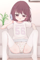  1girl absurdres blush bow_print bow_print_panties brown_eyes brown_hair cherry_panties cherry_print clothes_writing couch crotch_seam flat_chest food_print fruit_print grey_panties grey_shirt grey_skirt hand_fan handheld_electric_fan highres holding holding_fan hot loli looking_at_viewer on_couch open_mouth original panties picture_frame plant polka_dot polka_dot_panties print_panties ribbon_print ribbon_print_panties shirt shirt_writing shooko short_hair short_sleeves sitting skirt spread_legs thighhighs underwear white_thighhighs 