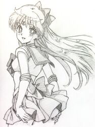 1girl :d absurdres aino_minako back_bow bishoujo_senshi_sailor_moon bow choker commentary_request earrings elbow_gloves from_behind gloves grabbing_own_ass hair_bow happy highres i4teruz jewelry long_hair looking_at_viewer looking_back magical_girl miniskirt open_mouth pleated_skirt sailor_collar sailor_senshi_uniform sailor_venus simple_background sketch skirt smile solo white_background 