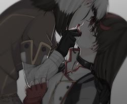 2girls black_hair blush dated earrings finger_in_another&#039;s_mouth fingerless_gloves french_kiss gloves hand_on_another&#039;s_shoulder inago_akira jewelry jouhou kiss leash looking_at_another multicolored_hair multiple_girls red_hair saliva satsuki_yomi signature simple_background toji_no_miko tongue tongue_out white_hair yuri rating:Sensitive score:19 user:danbooru
