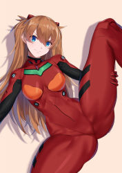  1girl ass blue_eyes bodysuit breasts brown_hair curvy hairpods highres huge_ass interface_headset_(evangelion) long_hair mecha_pilot_suit medium_breasts mrnn neon_genesis_evangelion plugsuit_(evangelion) red_bodysuit sexually_suggestive shiny_clothes skin_tight smile solo souryuu_asuka_langley spread_legs two_side_up very_long_hair wide_hips  rating:Sensitive score:30 user:danbooru