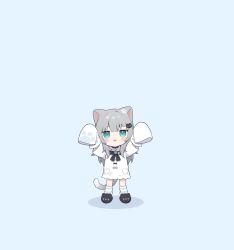  1girl :3 :d amashiro_natsuki animal_ears arms_up black_slippers blue_background blue_eyes blush_stickers cat_ears cat_girl cat_tail chibi detached_sleeves grey_hair highres indie_virtual_youtuber long_hair long_sleeves looking_at_viewer nachoneko open_mouth shadow shirt simple_background sleeves_past_fingers sleeves_past_wrists slippers smile socks solo standing striped_clothes striped_socks tail virtual_youtuber white_shirt white_sleeves 