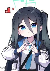  1girl 2023 absurdres aqua_halo aris_(blue_archive) artist_name black_hair black_hairband black_jacket blue_archive blue_eyes blue_jacket blue_necktie chinese_commentary closed_mouth collared_shirt commentary dated double-parted_bangs eyes_visible_through_hair four-finger_heart_hands hair_between_eyes hairband halo heart heart_hands highres jacket long_bangs long_hair long_hair_between_eyes long_sidelocks long_sleeves looking_at_viewer multicolored_jacket necktie one_side_up open_clothes open_jacket pixel_heart platinum-mix puffy_long_sleeves puffy_sleeves rectangular_halo school_uniform shirt shirt_tucked_in sidelocks simple_background smile solo split_mouth two-sided_fabric two-sided_jacket upper_body very_long_hair white_background white_jacket white_shirt 