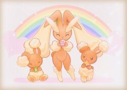 3others animal_ears buneary closed_eyes commentary doekis english_commentary full_body furry gen_4_pokemon heart holding lopunny multiple_others nintendo open_mouth other_focus poke_puff pokemon pokemon-amie pokemon_(creature) pokemon_xy rabbit_ears rabbit_tail rainbow sitting smile standing tail