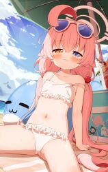 1girl absurdres ahoge arm_support beach beach_umbrella bikini blue-tinted_eyewear blue_archive blue_eyes breasts collarbone commentary_request crossed_bangs dutch_angle eyewear_on_head feet_out_of_frame female_focus frilled_bikini frills grin hair_between_eyes hair_bobbles hair_ornament halo heterochromia highres hoshino_(blue_archive) hoshino_(swimsuit)_(blue_archive) inflatable_toy inflatable_whale loli long_hair looking_at_viewer low_twintails navel ocean official_alternate_costume outdoors paid_reward_available parted_lips pink_hair pink_halo setmen sitting small_breasts smile solo spaghetti_strap spread_legs strap_slip sunglasses swimsuit tinted_eyewear twintails umbrella variant_set white-framed_eyewear white_bikini yellow_eyes rating:Sensitive score:82 user:danbooru