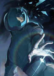  1boy absurdres aeug bad_end blue_eyes blue_hair broken_glass commentary commentary_request crazy crazy_eyes debris defeat empty_eyes english_commentary fake_screenshot glass gloves gundam helmet highres kamille_bidan lens_flare looking_at_viewer neontube_(netube) pilot_suit ptsd realistic science_fiction space_helmet spacesuit spoilers thousand_yard_stare zeta_gundam 