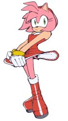  1girl amy_rose boots bracelet dress furry gloves hairband highres immisterplow jewelry pulling_own_clothes sega sonic_(series) tail 