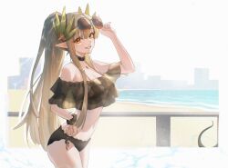  2girls absurdres adjusting_eyewear arknights bare_shoulders beach bikini black_bikini black_choker breasts brown_hair c113oreo choker cleavage commentary elf eyewear_on_head feather_hair highres ho&#039;olheyak_(arknights) long_hair medium_breasts muelsyse_(arknights) multiple_girls navel ocean orange_eyes pointy_ears ponytail sand smile snake_tail solo solo_focus stomach sunglasses swimsuit symbol-only_commentary tail thighs 