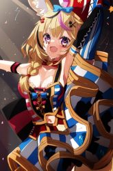  1girl animal_ear_fluff animal_ears armband black_gloves black_hair blonde_hair blue_bow blue_skirt blue_stripes blush bow bow_skirt bowtie braid breasts cleavage clothing_cutout elbow_gloves feet_out_of_frame fox_ears fox_girl gloves hair_bow hair_ornament hair_over_shoulder hat heart heart-shaped_pupils hololive jester_cap layered_skirt light_rays long_hair medium_breasts miniskirt multicolored_hair navel_cutout omaru_polka omaru_polka_(1st_costume) open_mouth pink_hair playing_card_theme purple_eyes red_bow red_bowtie shadow side_braid skirt solo split standing standing_on_one_leg standing_split streaked_hair striped_clothes striped_legwear striped_skirt striped_thighhighs symbol-shaped_pupils thighhighs tilted_headwear tsushi vertical-striped_clothes vertical-striped_legwear vertical-striped_skirt vertical-striped_thighhighs virtual_youtuber x_hair_ornament 
