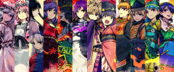  6+girls apron aqua_dress belt black_belt black_dress black_hair black_hat black_ribbon black_skirt blonde_hair blue_apron blue_dress blue_hair blue_hairband blue_hat blue_kimono blunt_bangs bow bowl bowl_hat braid breasts brown_eyes brown_hair brown_hairband buttons chinese_clothes cloak closed_mouth collared_dress collared_kimono collared_shirt commentary_request constellation_print cowboy_shot crescent crescent_print cross cross-laced_clothes cross-laced_dress dalachi_(headdress) detached_sleeves dress earmuffs energy evil_smile fang flower frills from_behind gradient_hair green_bow green_dress green_hairband green_head_scarf green_skirt grey_eyes grey_hair hair_between_eyes hair_bow hair_ornament hairband hand_up haniyasushin_keiki hat hat_ribbon headscarf hijiri_byakuren hitodama houraisan_kaguya japanese_clothes jewelry junko_(touhou) kimono leaf leaf_hair_ornament long_hair long_sleeves looking_at_viewer looking_back looking_to_the_side magatama magatama_necklace mallet mandarin_collar maple_leaf matara_okina medium_breasts meimaru_inuchiyo mirror mob_cap moon multicolored_dress multicolored_hair multicolored_hairband multiple_girls neck_ribbon necklace nurse_cap open_mouth orange_dress orange_hair orange_sleeves orange_tabard parted_bangs patchwork_clothes phoenix_print pink_background pink_dress pink_eyes pink_hair pink_hairband pink_hat pink_kimono pink_shirt pointy_ears puffy_short_sleeves puffy_sleeves purple_cloak purple_dress purple_eyes purple_hair red_background red_belt red_dress red_eyes red_hairband red_ribbon red_shirt red_tabard reiuji_utsuho remilia_scarlet ribbon rope saigyouji_yuyuko shimenawa shirt short_hair short_sleeves sidelocks simple_background sitting sitting_on_throne skirt smile stage_connection standing sukuna_shinmyoumaru tabard teeth tenkyuu_chimata third_eye throne touhou toyosatomimi_no_miko triangular_headpiece two-tone_dress v-shaped_eyebrows wavy_hair white_cloak white_dress white_flower white_shirt wide_sleeves wing_collar yagokoro_eirin yasaka_kanako yellow_dress yellow_eyes yellow_hairband yellow_ribbon 