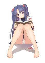  1girl barefoot blue_hair book clannad commentary_request feet hair_bobbles hair_ornament hikarizaka_private_high_school_uniform ichinose_kotomi knees_together_feet_apart legs light_smile long_hair long_legs panties pantyshot purple_eyes reading school_uniform scissors serafuku sitting skirt solo toenails tony_taka two_side_up underwear white_panties 