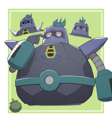  1boy black_eyes bomb bomberman border cropped_legs explosive flying_sweatdrops grand_bomber happy highres kinoshita_jiroh male_focus multiple_views pointing pointing_at_self robot white_border 
