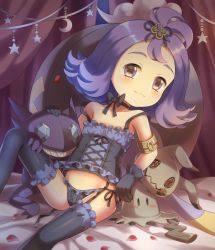  1girl acerola_(pokemon) armlet black_panties black_thighhighs blush bow choker closed_mouth corset crescent curtains drifblim flat_chest flipped_hair frilled_panties frilled_thighhighs frills gen_3_pokemon gen_4_pokemon gen_7_pokemon hand_on_another&#039;s_head highres jewelry knee_up leaning_back lingerie loli looking_at_viewer mimikyu multicolored_legwear nintendo off_shoulder panties petals pokemon pokemon_(creature) pokemon_sm porocha sableye side-tie_panties sitting star_(symbol) thighhighs underwear  rating:Questionable score:108 user:Domestic_Importer