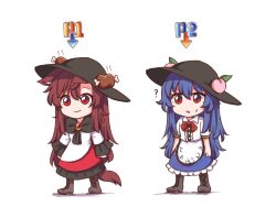  2girls ? animal_ears black_boots black_hat blue_dress blue_hair boned_meat boots brooch brown_hair dress drop_shadow food frills fruit hat hinanawi_tenshi imaizumi_kagerou jewelry leaf long_hair long_sleeves meat metal_slug multiple_girls peach puffy_sleeves red_eyes ribbon short_sleeves simple_background tail touhou white_background wide_sleeves wolf_tail wool_(miwol) 