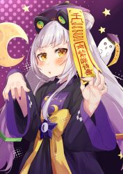  1girl alternate_costume black_dress black_hat black_nails blush crescent_moon dress grey_hair hair_bun hat highres hololive long_hair looking_at_viewer moon murasaki_shion nail_polish nuko_miruku short_eyebrows solo very_long_hair virtual_youtuber yellow_eyes 