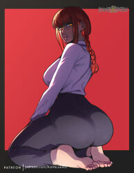 1girl ass barefoot braid braided_ponytail breasts chainsaw_man feet from_behind huge_ass kameseru large_breasts long_hair long_sleeves looking_back makima_(chainsaw_man) orange_eyes parted_lips red_hair ringed_eyes seiza shirt sidelocks sitting solo white_shirt rating:Sensitive score:138 user:danbooru