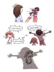  4girls azumanga_daiou brown_hair english_text falling gym_uniform highres kagura_(azumanga_daioh) kasuga_ayumu looking_up mihama_chiyo multiple_girls open_mouth orange_hair pink_shorts sakaki_(azumanga_daioh) shadow shirt short_shorts shorts size_difference stormill trust_fall white_background white_shirt worried  rating:General score:13 user:randomwriter391