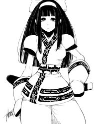  1girl ainu_clothes artist_name black_eyes black_hair breasts curvy falcoon fingerless_gloves gloves hair_ribbon highres legs long_hair looking_at_viewer medium_breasts monochrome nakoruru official_art pants ribbon samurai_spirits smile snk solo the_king_of_fighters the_king_of_fighters_xiv thighs traditional_media weapon 
