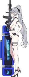  1girl absurdres ar-15 arm_strap assault_rifle bare_shoulders bikini black_bikini black_choker black_gloves black_sandals black_survival blunt_bangs blush breasts chain choker closed_mouth commentary_request dalgam12 earrings eternal_return:_black_survival expressionless eyewear_on_head feet foregrip from_side full_body gloves grey_eyes grey_hair gun hair_ribbon hand_on_own_hip haze_(black_survival) haze_(private_summer)_(black_survival) high_heel_sandals highres holding holding_gun holding_weapon jewelry korean_commentary large_breasts legs long_hair looking_ahead magazine_(weapon) navel official_alternate_costume ponytail profile ribbon rifle round_eyewear sandals sideboob simple_background solo standing stomach sunglasses suppressor swimsuit thigh_strap thighs triangle_earrings trigger_discipline very_long_hair weapon weapon_case white_background 