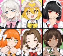  6+girls :d alternate_costume apron black_hair blonde_hair blue_eyes blunt_bangs blush bob_cut bow bowtie brown_hair choker cigarette closed_eyes closed_mouth collage collared_shirt colorful_background covered_mouth cross-shaped_pupils diagonal-striped_bow diagonal-striped_bowtie diagonal-striped_clothes dot_nose double_finger_heart earrings embarrassed enmaided eyelashes faust_(project_moon) finger_heart fluffy_hair frills green_bow green_bowtie grid hair_between_eyes hair_bow hands_on_own_face hands_up heart heart_hands highres holding holding_cigarette jewelry limbus_company long_hair long_sleeves looking_at_viewer maid maid_apron maid_headdress medium_hair mole mole_under_eye multiple_girls open_mouth orange_bow orange_bowtie orange_eyes orange_hair parted_bangs parted_lips pink_bow pink_bowtie project_moon red_bow red_bowtie red_eyes ro/ku shirt short_hair simple_background smile smirk smoke smoke_trail smoking smug sparkle striped_bow striped_bowtie striped_clothes sweatdrop swept_bangs symbol-shaped_pupils teeth upper_teeth_only white_hair white_shirt yellow_bow yellow_bowtie yellow_eyes 