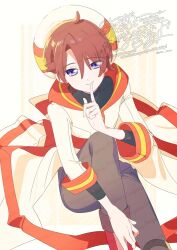  1boy ahoge ankle_belt belt belt_buckle beret black_belt black_shirt border brown_hair buckle closed_mouth dot_nose feet_out_of_frame finger_to_mouth grey_pants hair_between_eyes hand_on_own_ankle hat highres layered_sleeves long_sleeves looking_at_viewer magical_boy male_focus orange_sailor_collar orange_sleeve_cuffs outside_border pants parted_bangs precure purple_eyes robe sailor_collar serizawa_serizane shirt short_hair sitting sleeve_cuffs smile solo striped_background toyama_satoru turtleneck turtleneck_shirt twitter_username watermark white_border white_hat white_robe wonderful_precure! yellow_background 