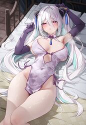  1girl armpits azur_lane bare_shoulders blush breasts china_dress chinese_clothes classic_(zildjian33) commentary_request dress elbow_gloves gloves green_hair hair_between_eyes hair_ornament highres kearsarge_(azur_lane) kearsarge_(springtime_monitoring)_(azur_lane) large_breasts long_hair looking_at_viewer lying official_alternate_costume on_back open_mouth pelvic_curtain purple_dress purple_eyes purple_gloves solo thighs twintails white_hair  rating:Sensitive score:21 user:danbooru
