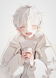  1boy 2hands1cup arknights bishounen blush closed_eyes coffee cup disposable_coffee_cup disposable_cup highres holding holding_cup jacket kimven_(wenzisama) male_focus mephisto_(arknights) open_mouth shirt short_hair smile solo turtleneck upper_body white_hair white_shirt 