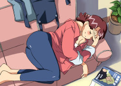 1girl apron ass bare_shoulders barefoot blue_leggings blush bra cirima clenched_hands closed_eyes couch dutch_angle female_focus flipped_hair from_above hand_on_forehead harukaze_haruka housewife indoors leggings lingerie long_sleeves lying magazine_(object) mature_female off_shoulder ojamajo_doremi on_side open_clothes open_shirt parted_lips plant potted_plant red_hair shadow shirt short_hair sleeping sleeves_rolled_up solo strap_slip sweat unbuttoned underwear unworn_clothes volvox white_bra rating:Questionable score:85 user:danbooru